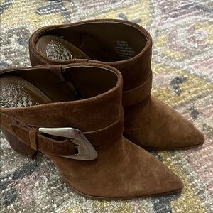 Vince Camuto Brown Suede Pointed Mules with Silver Buckle Bailey